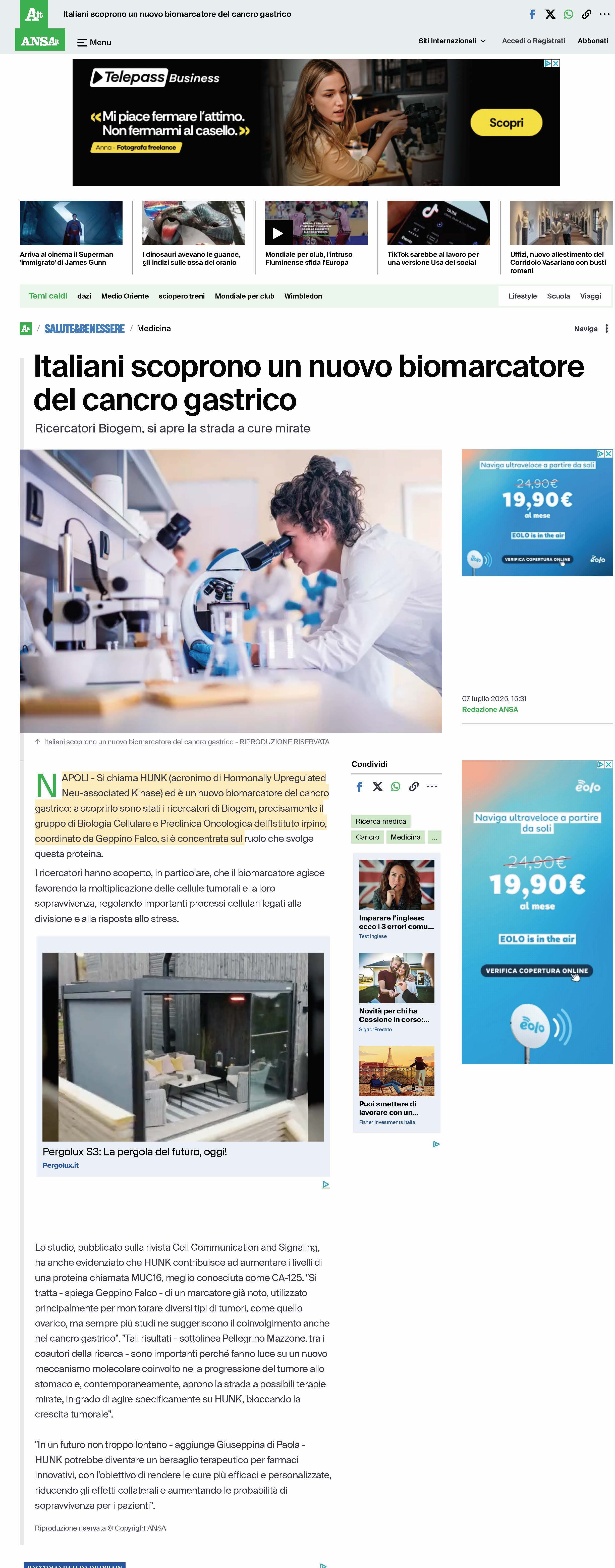 Italiani scoprono un nuovo biomarcatore del cancro gastrico Ricercatori Biogem, si apre la strada a cure mirate